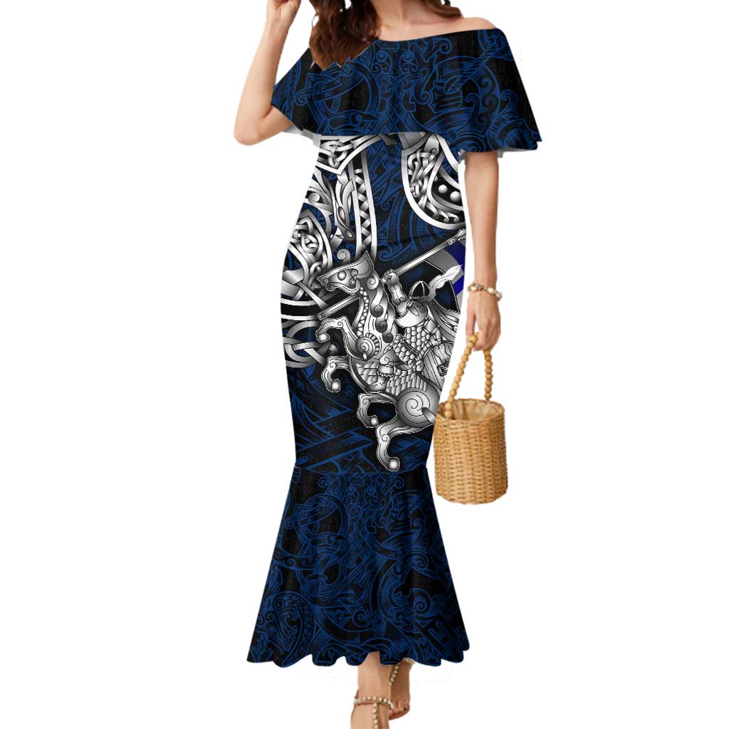 Personalized Finland Viking Blood Mermaid Dress Nordic Runes and Shield of Ancestry in Tribal Knotwork