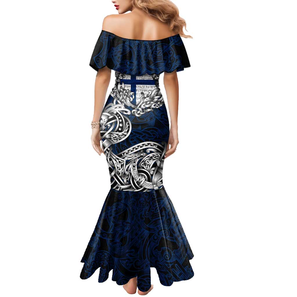 Personalized Finland Viking Blood Mermaid Dress Nordic Runes and Shield of Ancestry in Tribal Knotwork