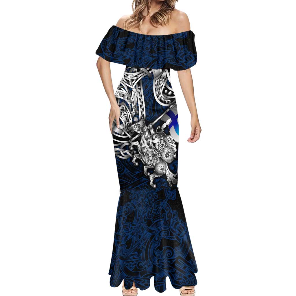 Personalized Finland Viking Blood Mermaid Dress Nordic Runes and Shield of Ancestry in Tribal Knotwork