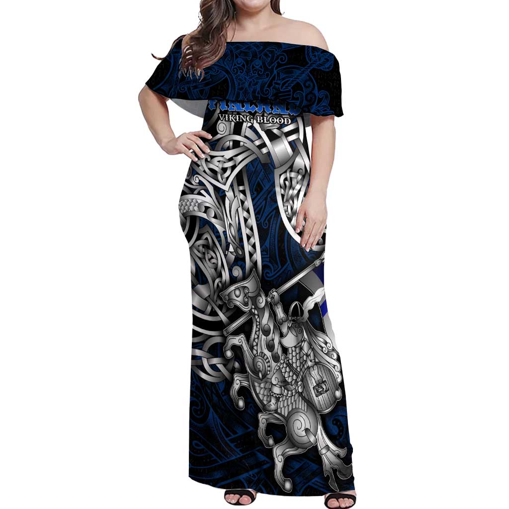 Personalized Finland Viking Blood Off Shoulder Maxi Dress Nordic Runes and Shield of Ancestry in Tribal Knotwork
