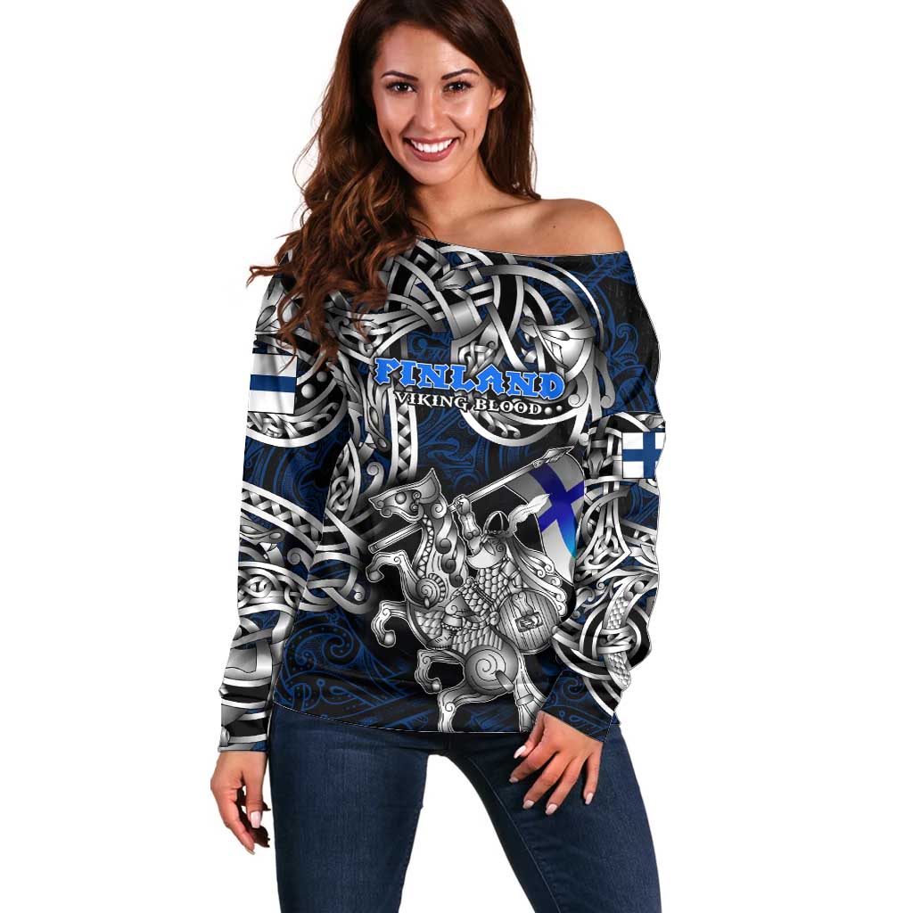 Personalized Finland Viking Blood Off Shoulder Sweater Nordic Runes and Shield of Ancestry in Tribal Knotwork