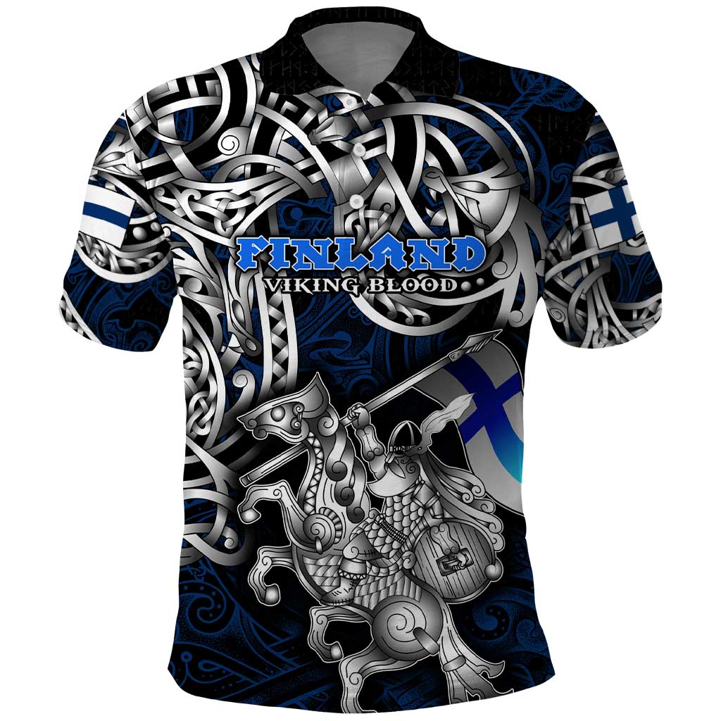 Personalized Finland Viking Blood Polo Shirt Nordic Runes and Shield of Ancestry in Tribal Knotwork