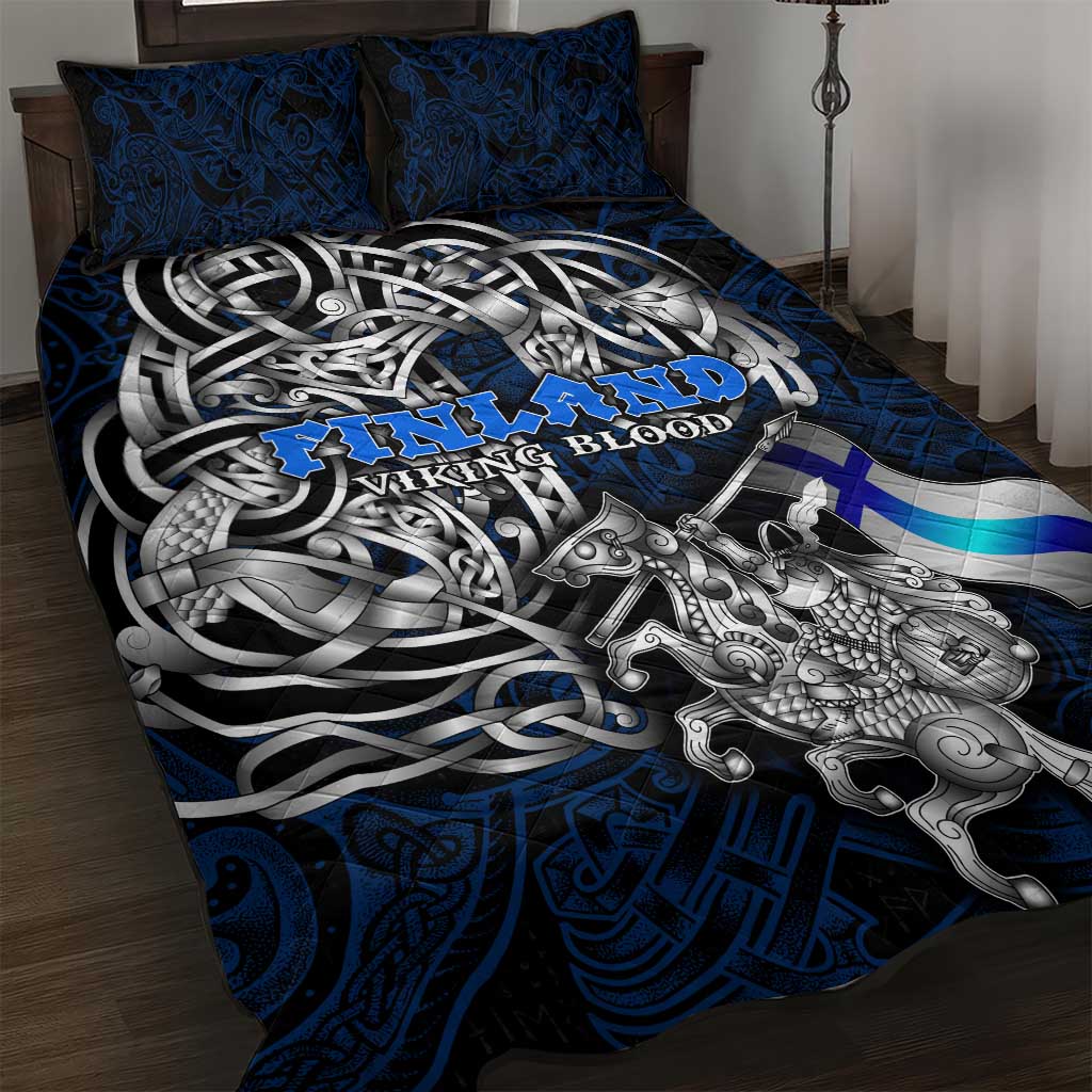 Finland Viking Blood Quilt Bed Set Nordic Runes and Shield of Ancestry in Tribal Knotwork