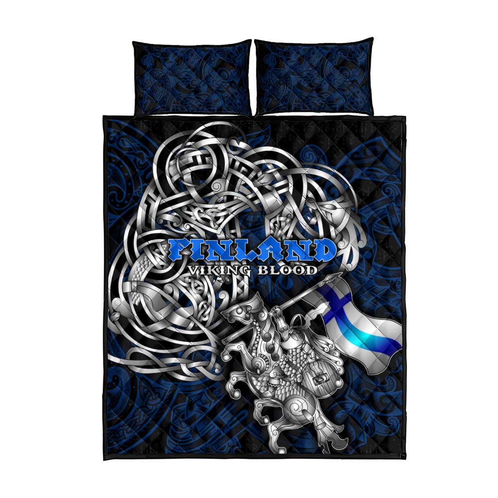 Finland Viking Blood Quilt Bed Set Nordic Runes and Shield of Ancestry in Tribal Knotwork