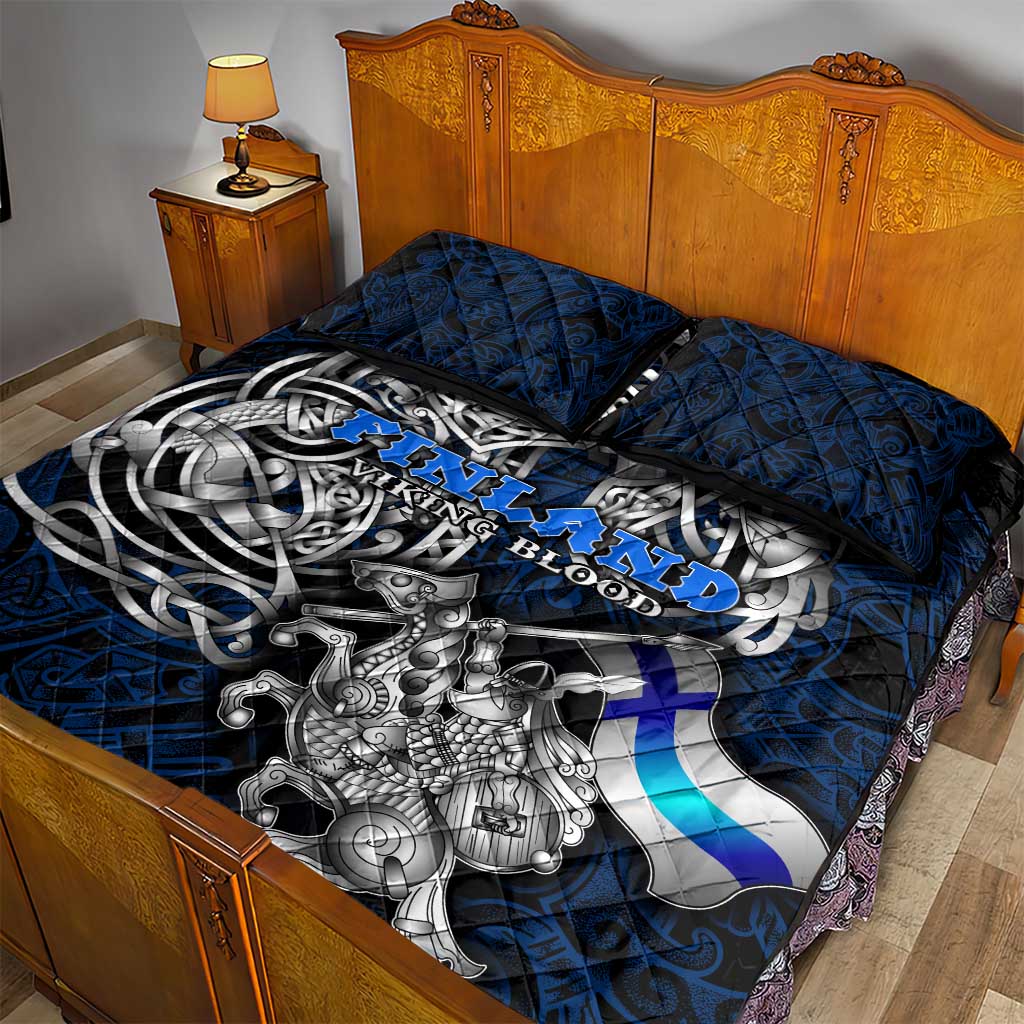 Finland Viking Blood Quilt Bed Set Nordic Runes and Shield of Ancestry in Tribal Knotwork