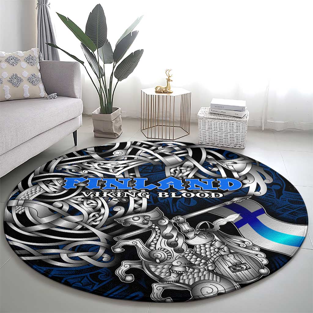 Finland Viking Blood Round Carpet Nordic Runes and Shield of Ancestry in Tribal Knotwork