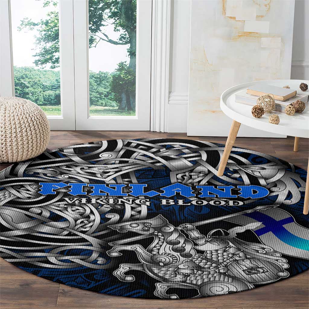 Finland Viking Blood Round Carpet Nordic Runes and Shield of Ancestry in Tribal Knotwork