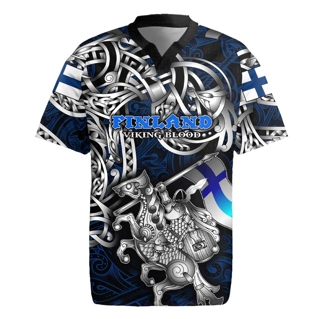 Personalized Finland Viking Blood Rugby Jersey Nordic Runes and Shield of Ancestry in Tribal Knotwork