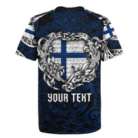 Personalized Finland Viking Blood Rugby Jersey Nordic Runes and Shield of Ancestry in Tribal Knotwork