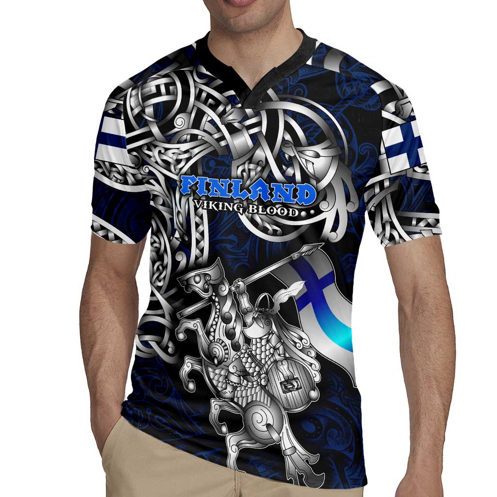 Personalized Finland Viking Blood Rugby Jersey Nordic Runes and Shield of Ancestry in Tribal Knotwork