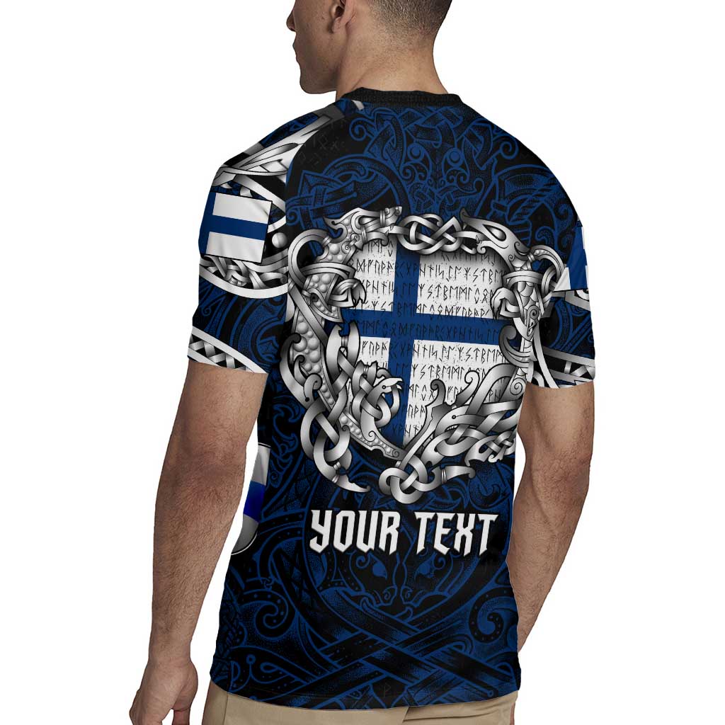 Personalized Finland Viking Blood Rugby Jersey Nordic Runes and Shield of Ancestry in Tribal Knotwork