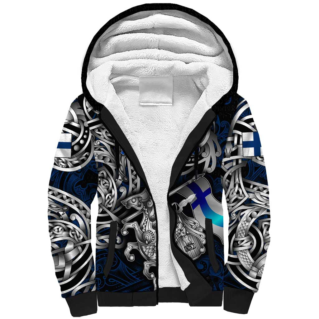 Personalized Finland Viking Blood Sherpa Hoodie Nordic Runes and Shield of Ancestry in Tribal Knotwork
