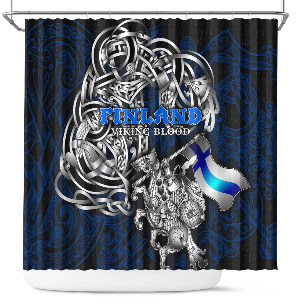 Finland Viking Blood Shower Curtain Nordic Runes and Shield of Ancestry in Tribal Knotwork