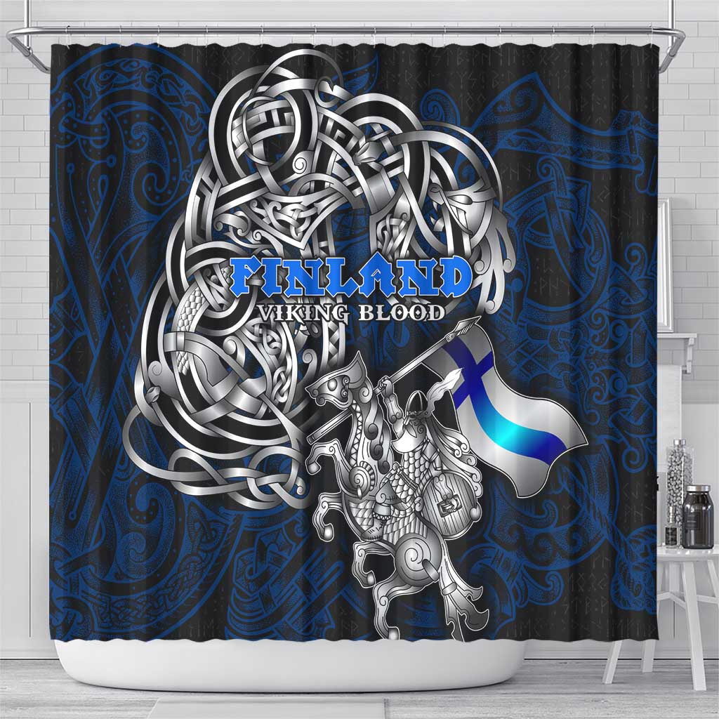 Finland Viking Blood Shower Curtain Nordic Runes and Shield of Ancestry in Tribal Knotwork
