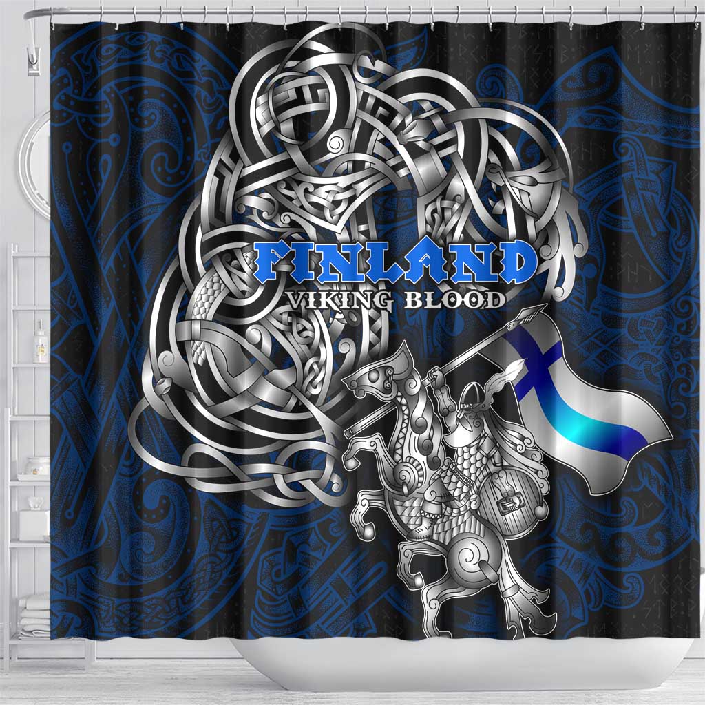 Finland Viking Blood Shower Curtain Nordic Runes and Shield of Ancestry in Tribal Knotwork