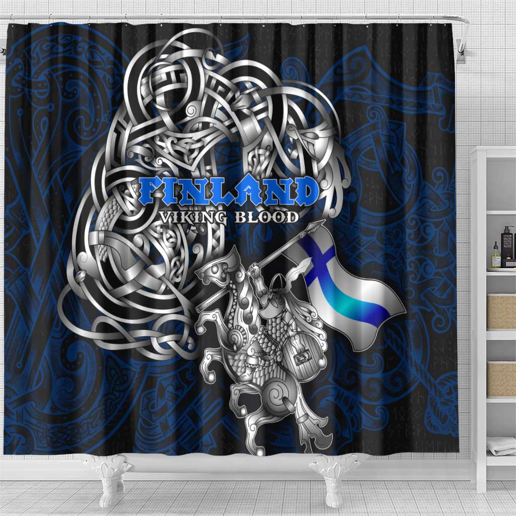 Finland Viking Blood Shower Curtain Nordic Runes and Shield of Ancestry in Tribal Knotwork