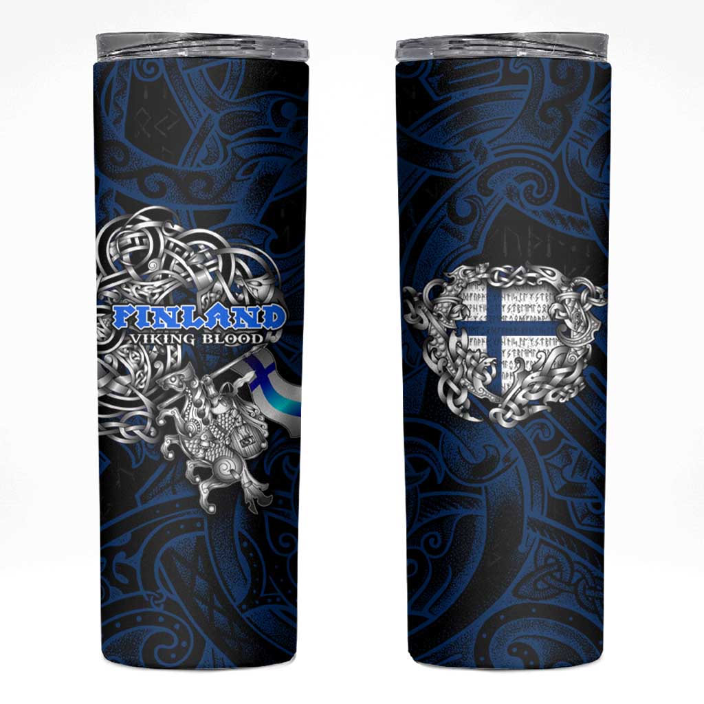 Finland Viking Blood Skinny Tumbler Nordic Runes and Shield of Ancestry in Tribal Knotwork