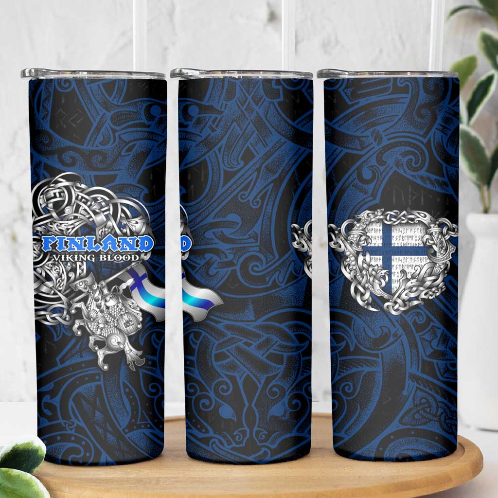 Finland Viking Blood Skinny Tumbler Nordic Runes and Shield of Ancestry in Tribal Knotwork