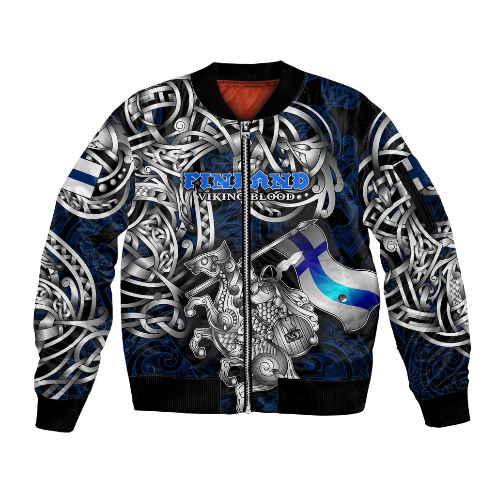 Personalized Finland Viking Blood Sleeve Zip Bomber Jacket Nordic Runes and Shield of Ancestry in Tribal Knotwork