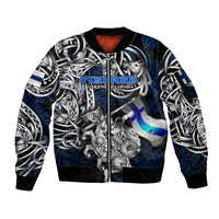 Personalized Finland Viking Blood Sleeve Zip Bomber Jacket Nordic Runes and Shield of Ancestry in Tribal Knotwork