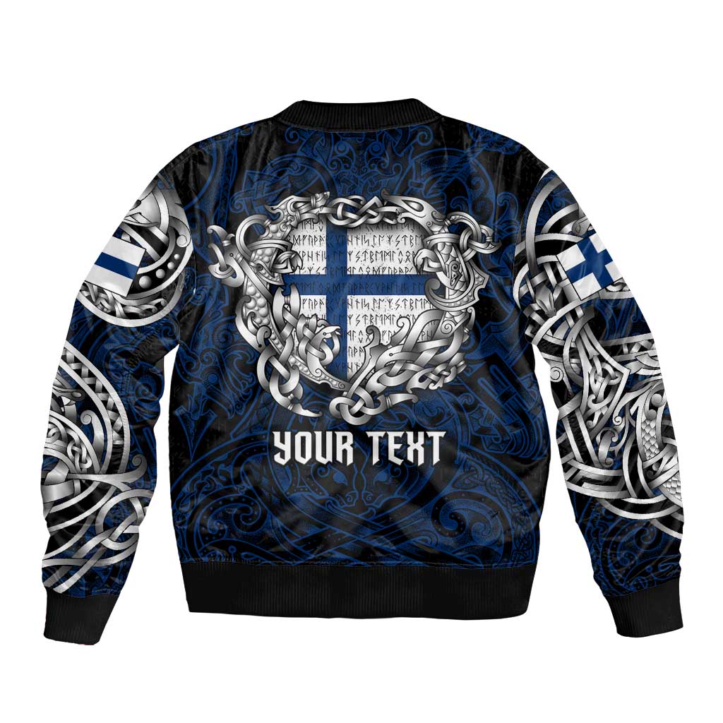 Personalized Finland Viking Blood Sleeve Zip Bomber Jacket Nordic Runes and Shield of Ancestry in Tribal Knotwork