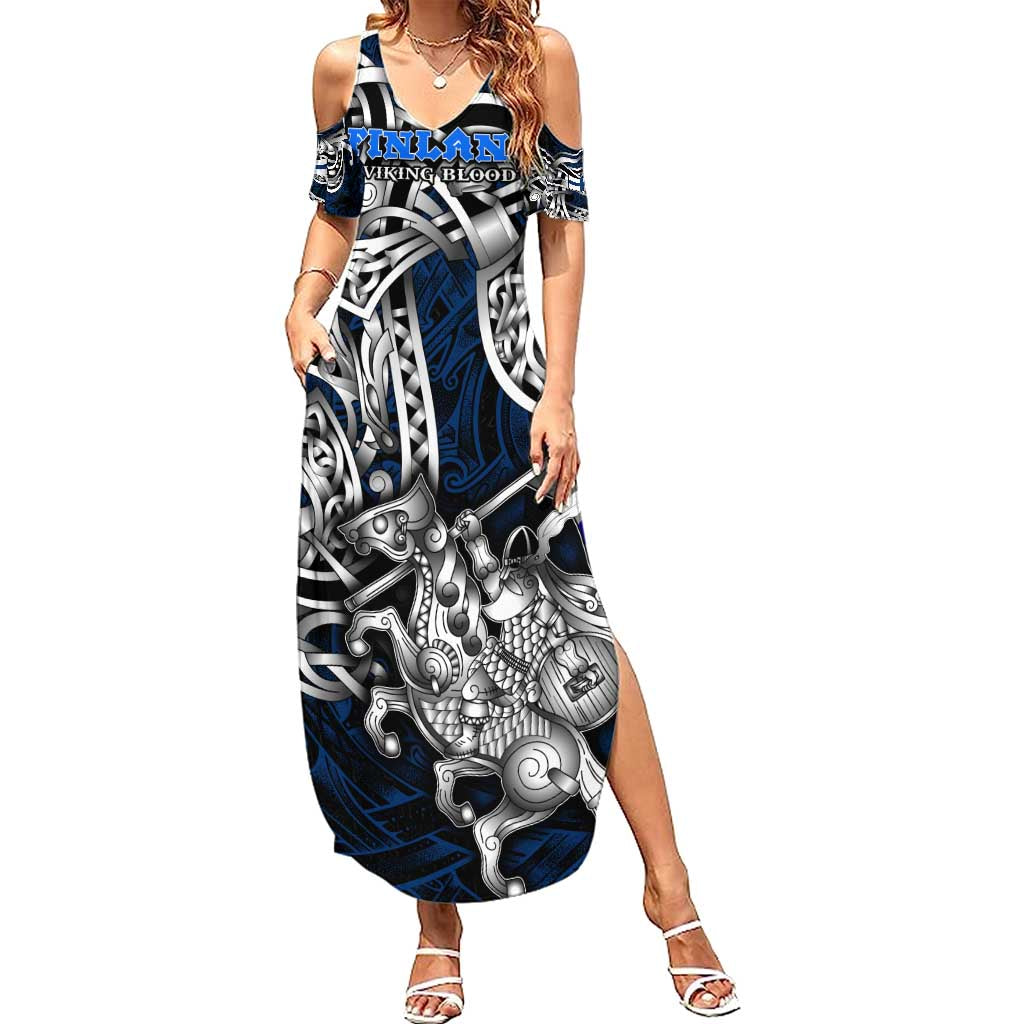 Personalized Finland Viking Blood Summer Maxi Dress Nordic Runes and Shield of Ancestry in Tribal Knotwork