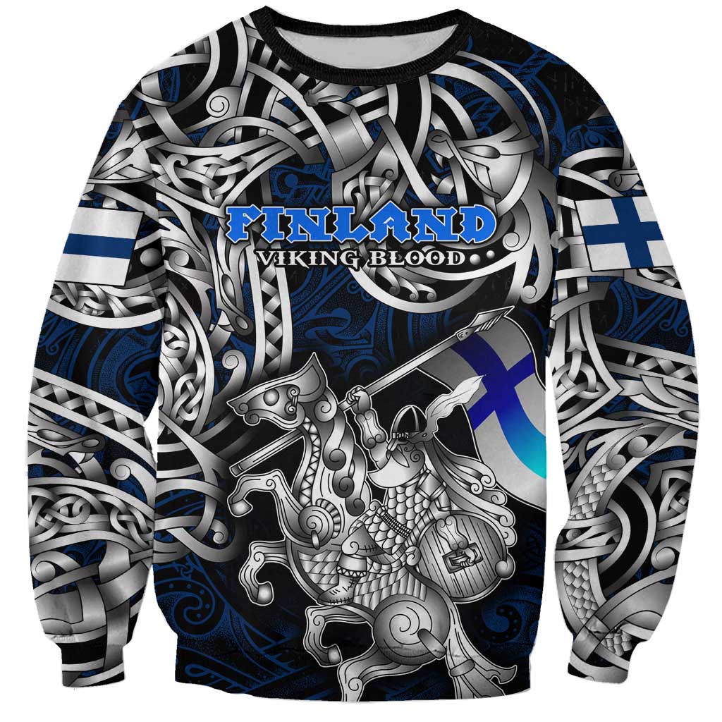 Personalized Finland Viking Blood Sweatshirt Nordic Runes and Shield of Ancestry in Tribal Knotwork
