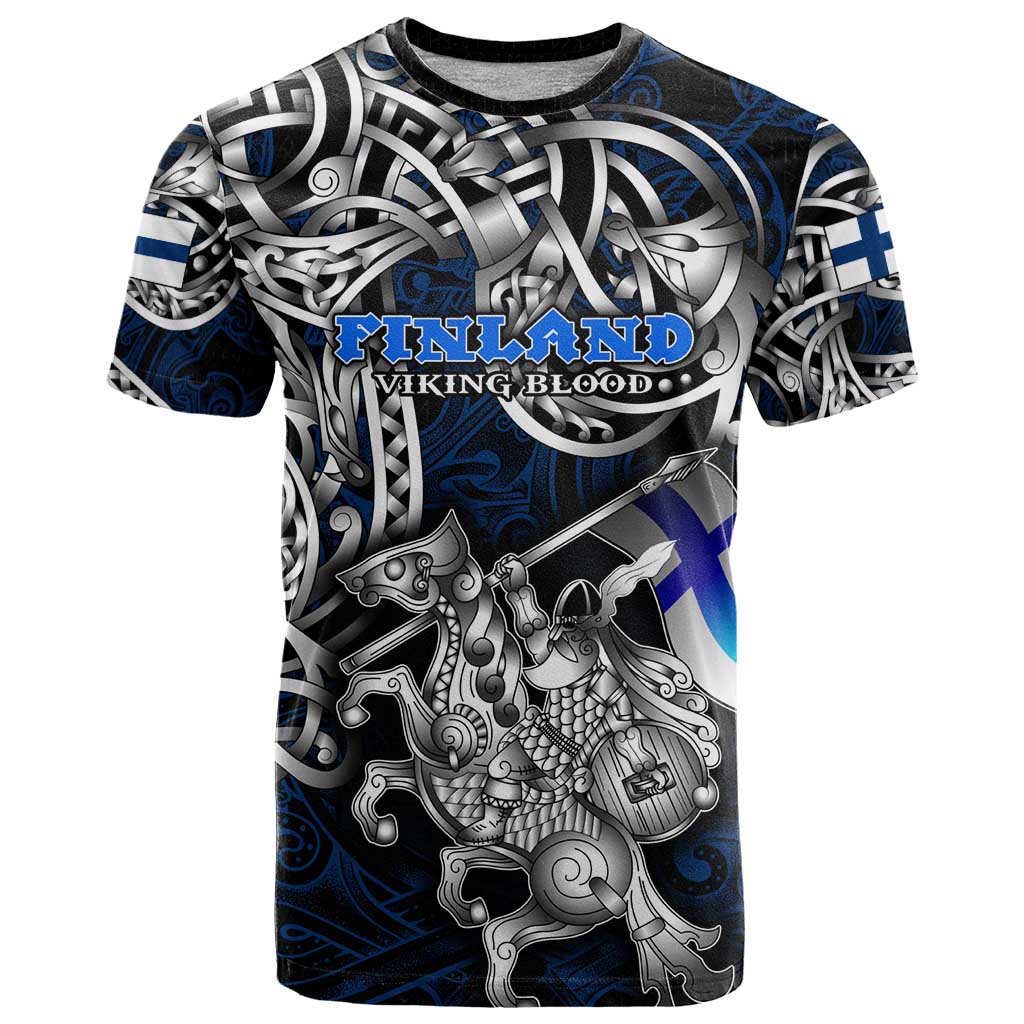 Personalized Finland Viking Blood T Shirt Nordic Runes and Shield of Ancestry in Tribal Knotwork