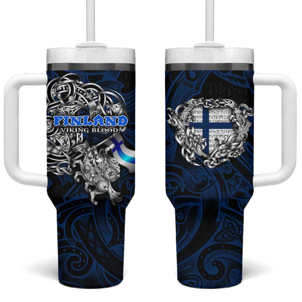 Finland Viking Blood Tumbler With Handle Nordic Runes and Shield of Ancestry in Tribal Knotwork