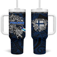 Finland Viking Blood Tumbler With Handle Nordic Runes and Shield of Ancestry in Tribal Knotwork