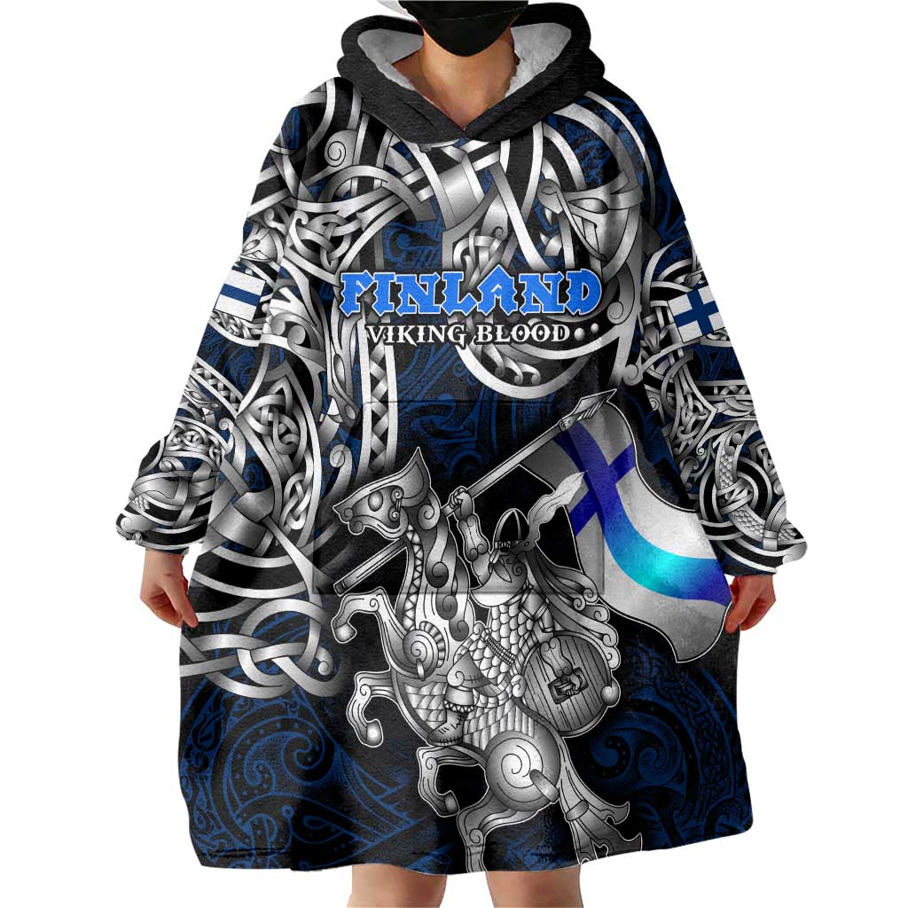 Personalized Finland Viking Blood Wearable Blanket Hoodie Nordic Runes and Shield of Ancestry in Tribal Knotwork