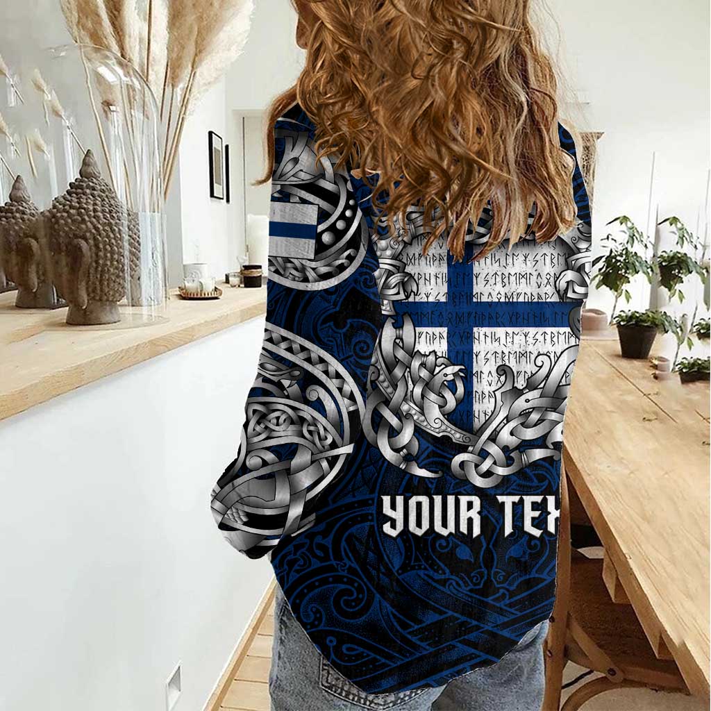Personalized Finland Viking Blood Women Casual Shirt Nordic Runes and Shield of Ancestry in Tribal Knotwork