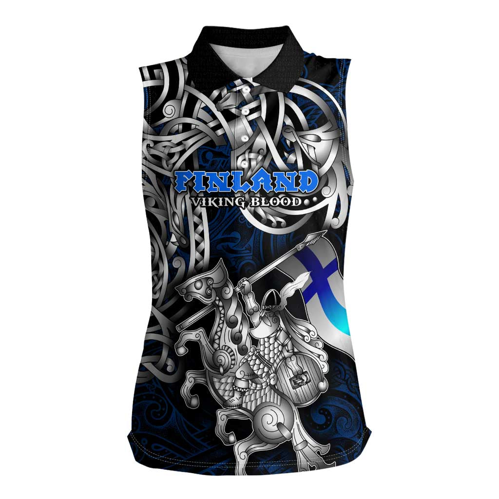 Personalized Finland Viking Blood Women Sleeveless Polo Shirt Nordic Runes and Shield of Ancestry in Tribal Knotwork