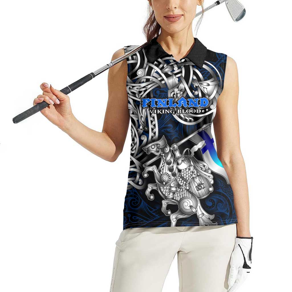 Personalized Finland Viking Blood Women Sleeveless Polo Shirt Nordic Runes and Shield of Ancestry in Tribal Knotwork