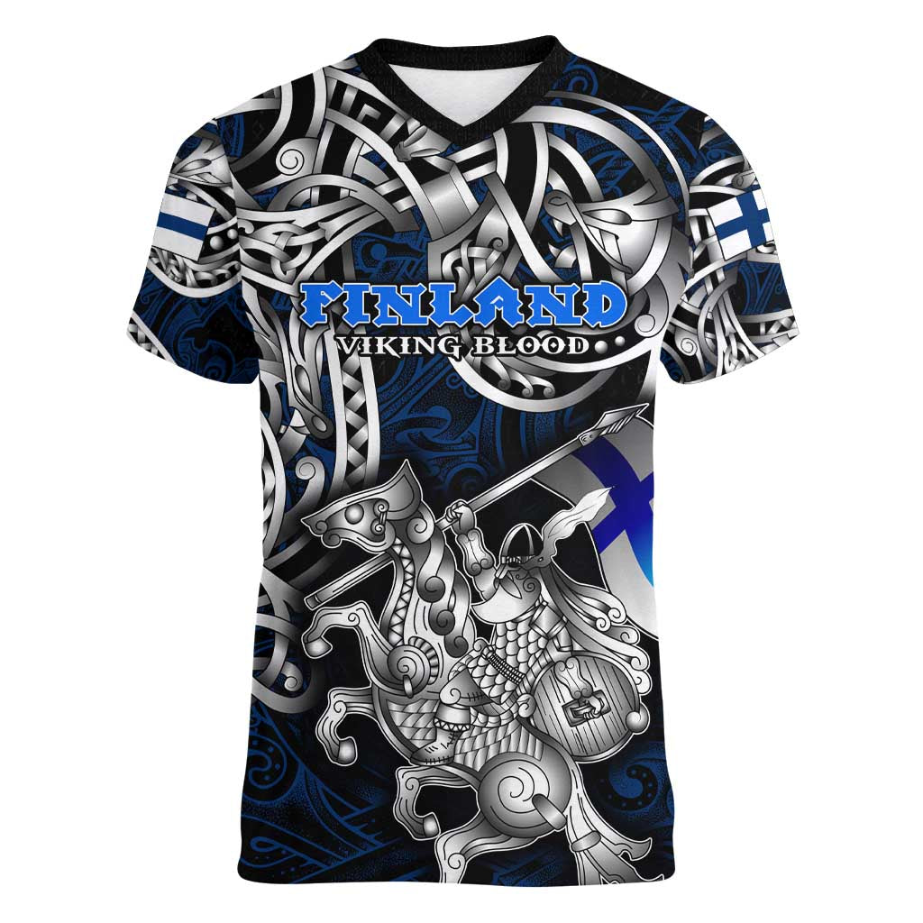 Personalized Finland Viking Blood Women V-Neck T-Shirt Nordic Runes and Shield of Ancestry in Tribal Knotwork