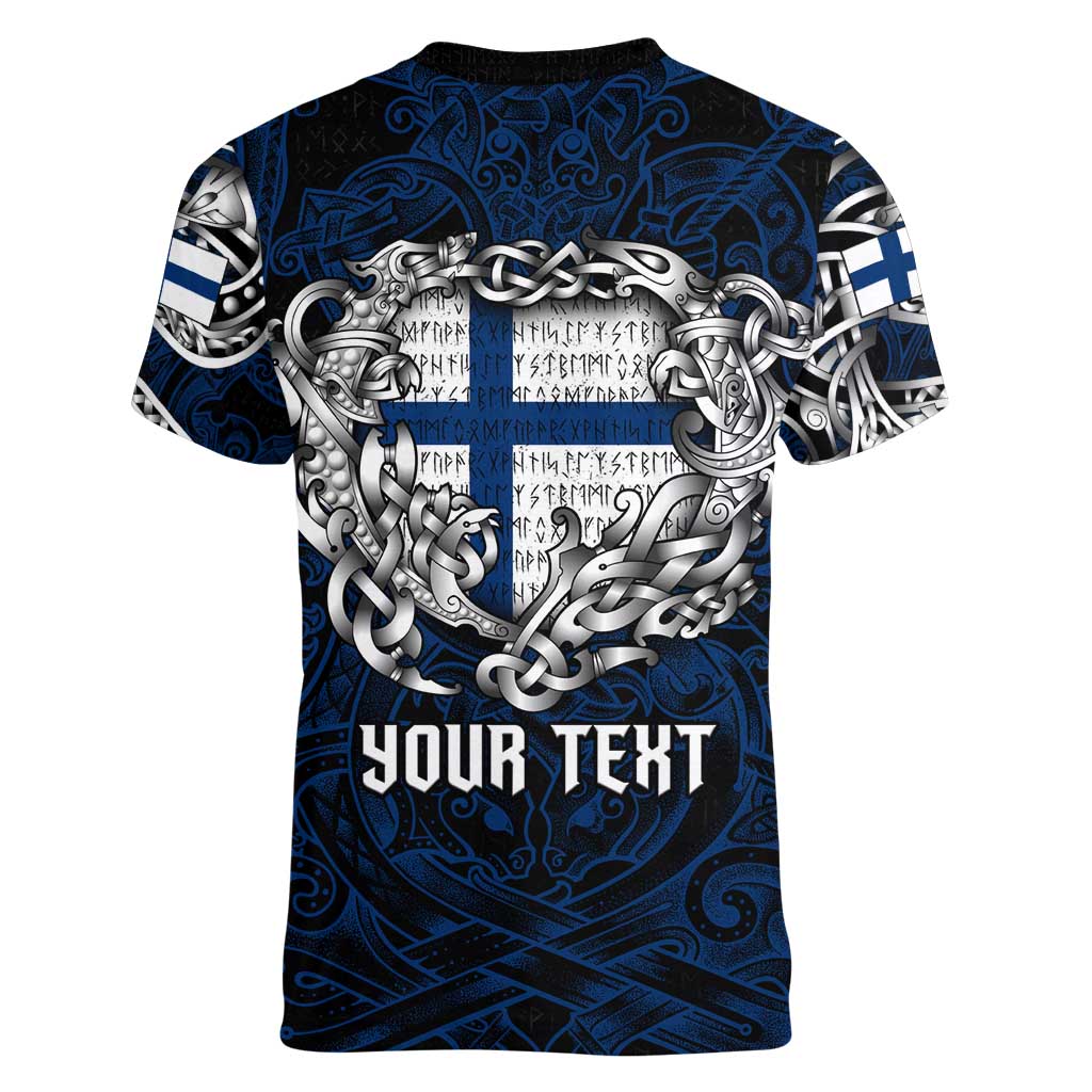 Personalized Finland Viking Blood Women V-Neck T-Shirt Nordic Runes and Shield of Ancestry in Tribal Knotwork