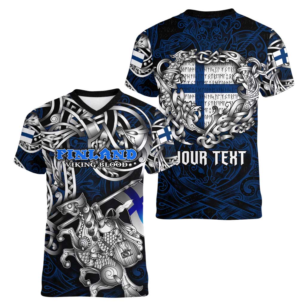 Personalized Finland Viking Blood Women V-Neck T-Shirt Nordic Runes and Shield of Ancestry in Tribal Knotwork