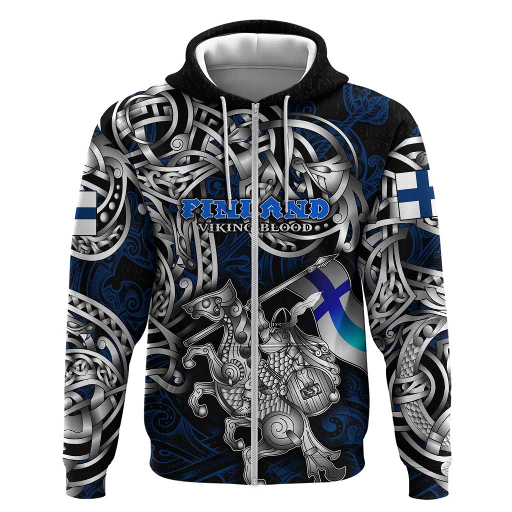 Personalized Finland Viking Blood Zip Hoodie Nordic Runes and Shield of Ancestry in Tribal Knotwork