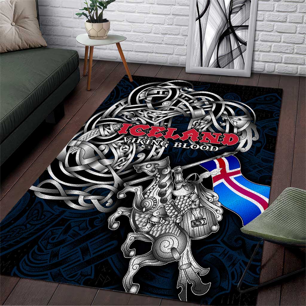 Iceland Viking Blood Area Rug Nordic Runes and Shield of Ancestry in Tribal Knotwork