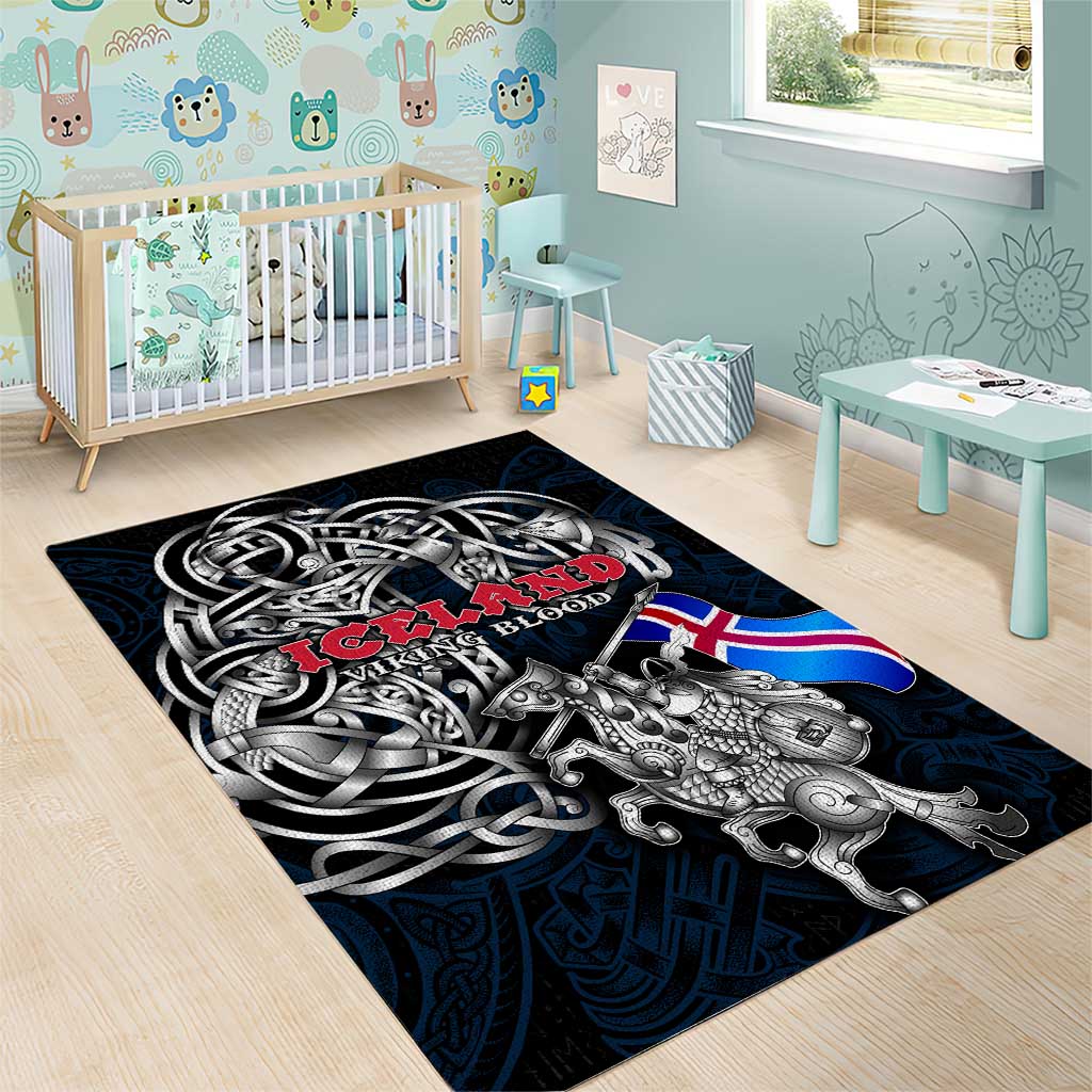 Iceland Viking Blood Area Rug Nordic Runes and Shield of Ancestry in Tribal Knotwork