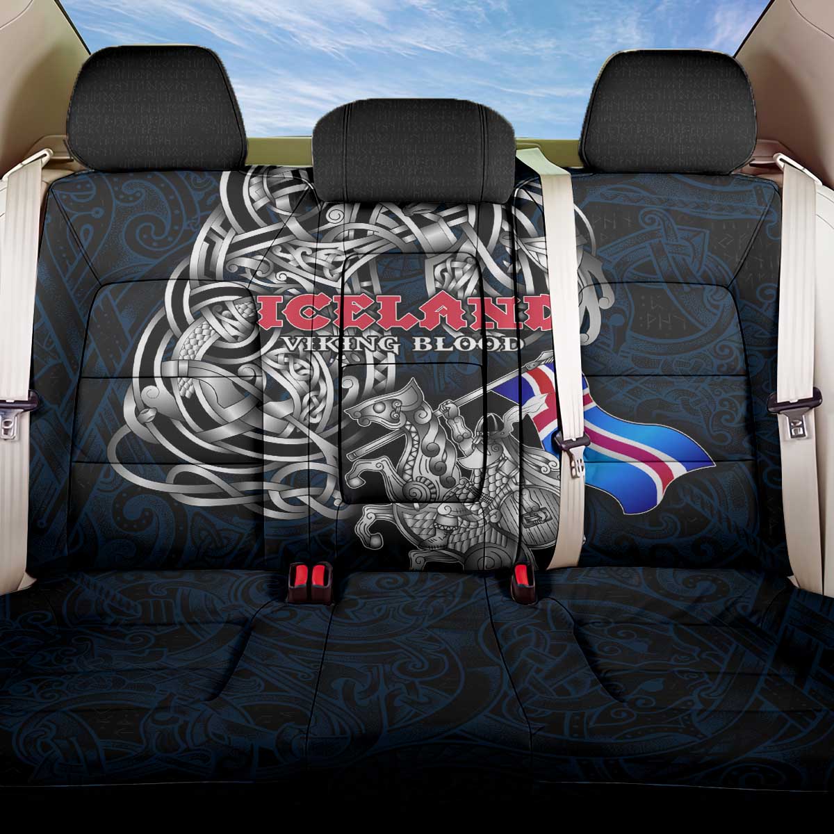 Iceland Viking Blood Back Car Seat Cover Nordic Runes and Shield of Ancestry in Tribal Knotwork