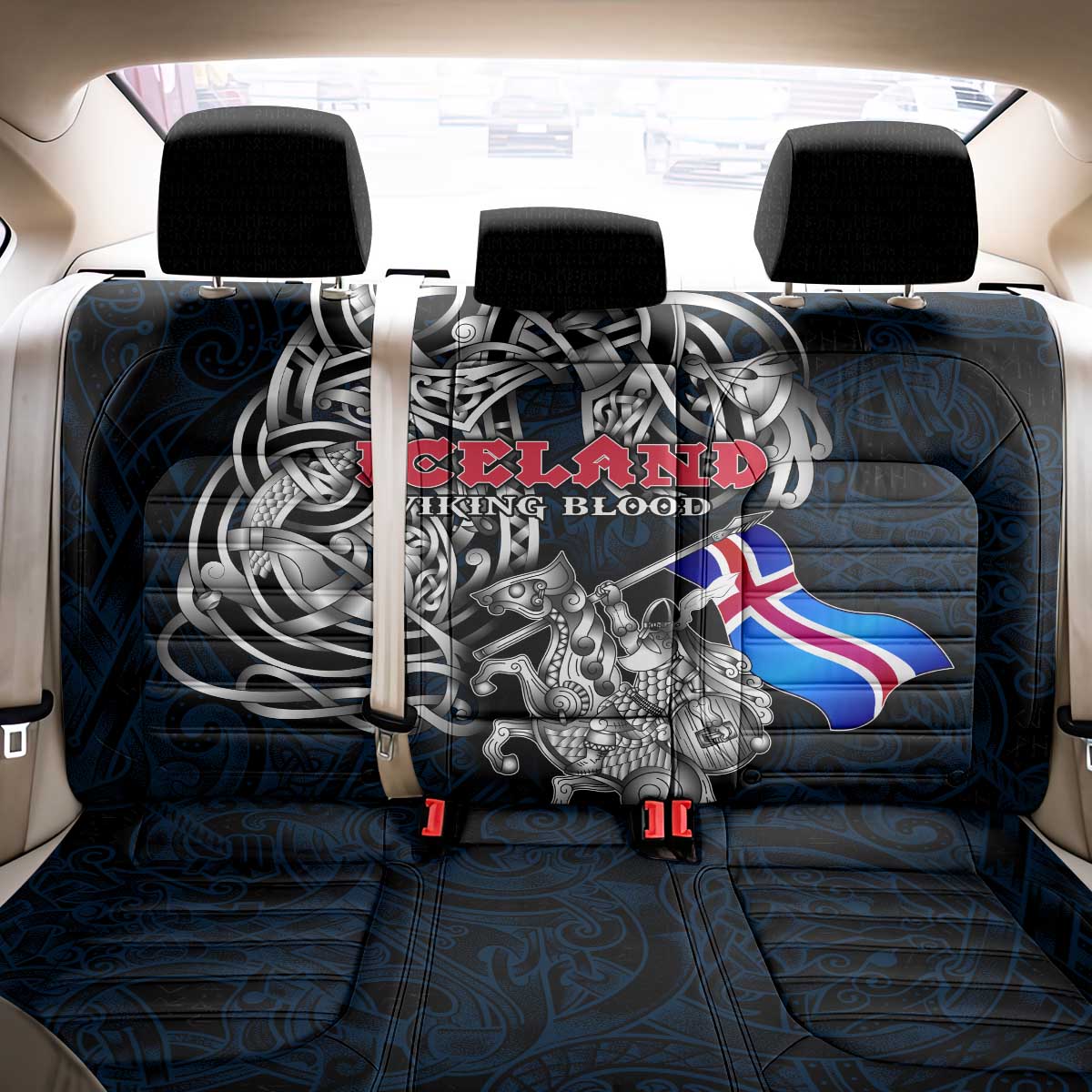 Iceland Viking Blood Back Car Seat Cover Nordic Runes and Shield of Ancestry in Tribal Knotwork