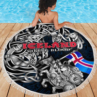 Iceland Viking Blood Beach Blanket Nordic Runes and Shield of Ancestry in Tribal Knotwork