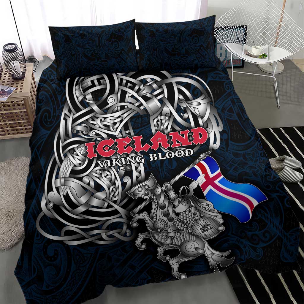 Iceland Viking Blood Bedding Set Nordic Runes and Shield of Ancestry in Tribal Knotwork