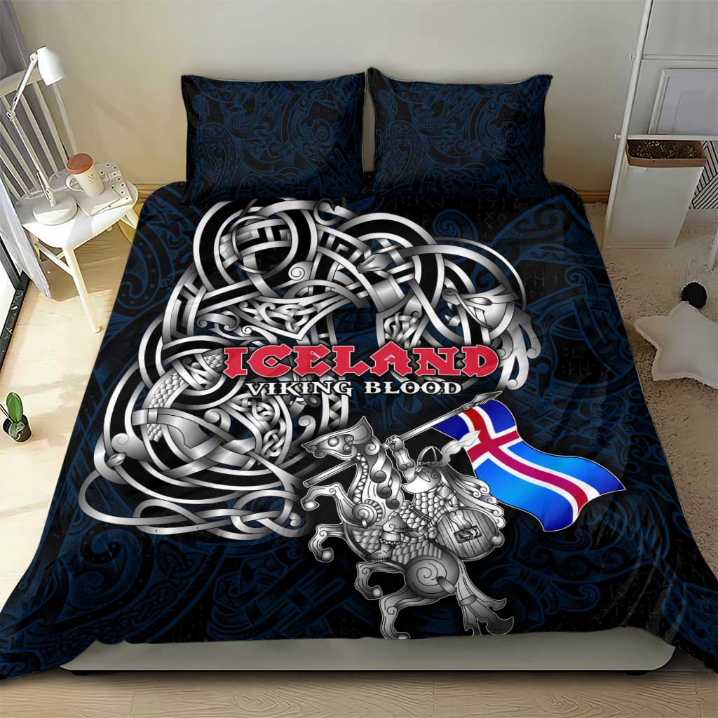 Iceland Viking Blood Bedding Set Nordic Runes and Shield of Ancestry in Tribal Knotwork
