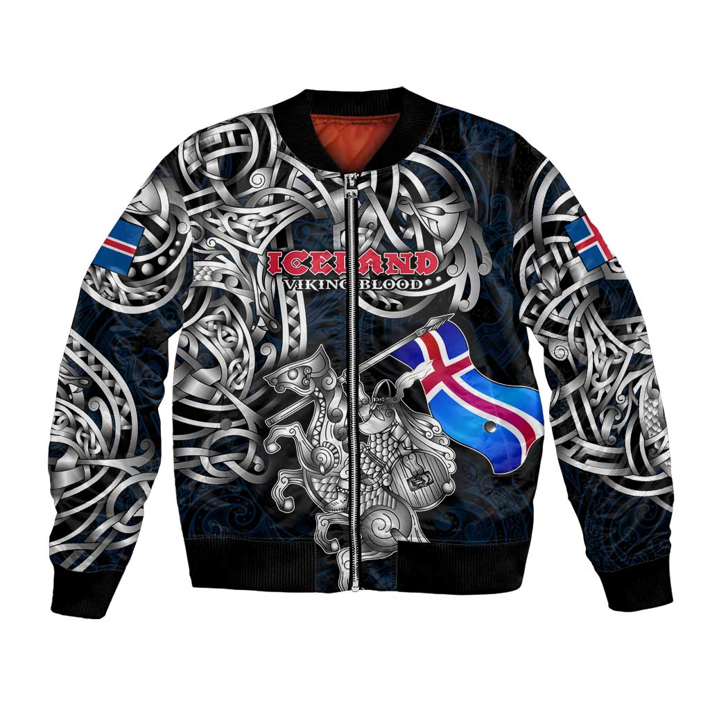 Personalized Iceland Viking Blood Bomber Jacket Nordic Runes and Shield of Ancestry in Tribal Knotwork