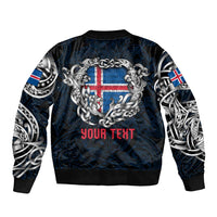 Personalized Iceland Viking Blood Bomber Jacket Nordic Runes and Shield of Ancestry in Tribal Knotwork