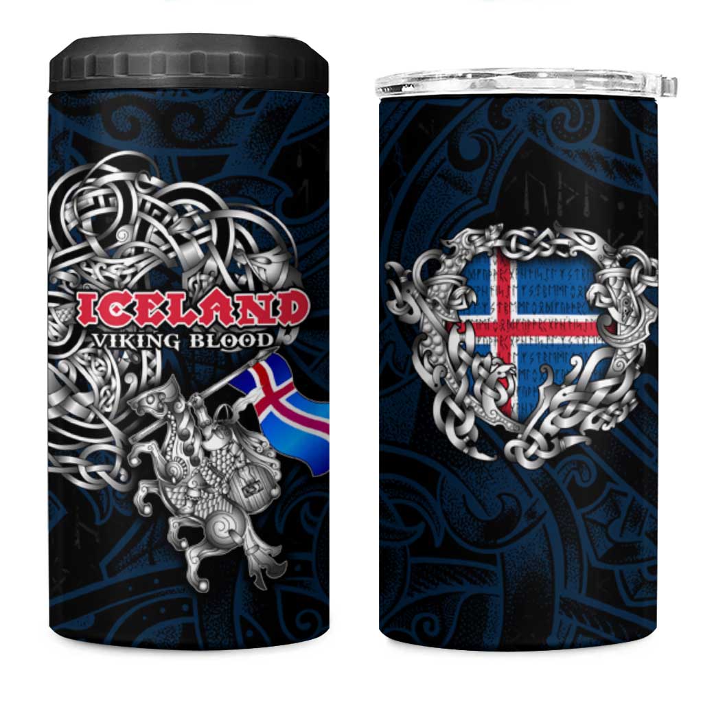 Iceland Viking Blood 4 in 1 Can Cooler Tumbler Nordic Runes and Shield of Ancestry in Tribal Knotwork