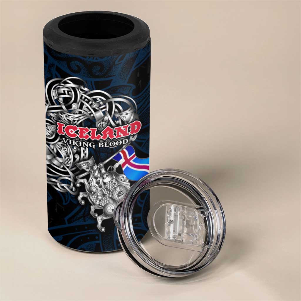 Iceland Viking Blood 4 in 1 Can Cooler Tumbler Nordic Runes and Shield of Ancestry in Tribal Knotwork