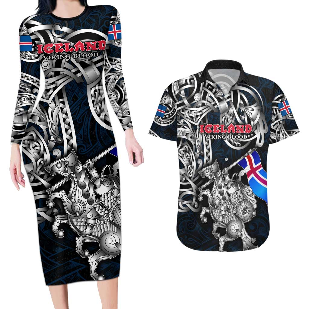 Personalized Iceland Viking Blood Couples Matching Long Sleeve Bodycon Dress and Hawaiian Shirt Nordic Runes and Shield of Ancestry in Tribal Knotwork